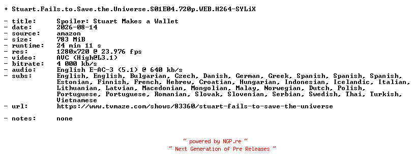 NFO for the release Stuart.Fails.to.Save.the.Universe.S01E04.720p.WEB.H264-SYLiX by SYLiX