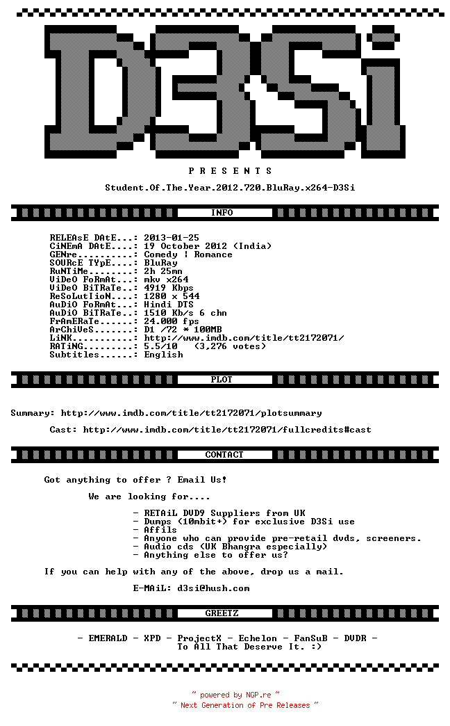 NFO for the release Student.Of.The.Year.2012.720p.BluRay.x264-D3Si by D3Si