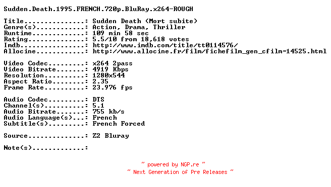 NFO for the release Sudden.Death.1995.FRENCH.720p.BluRay.x264-ROUGH by ROUGH