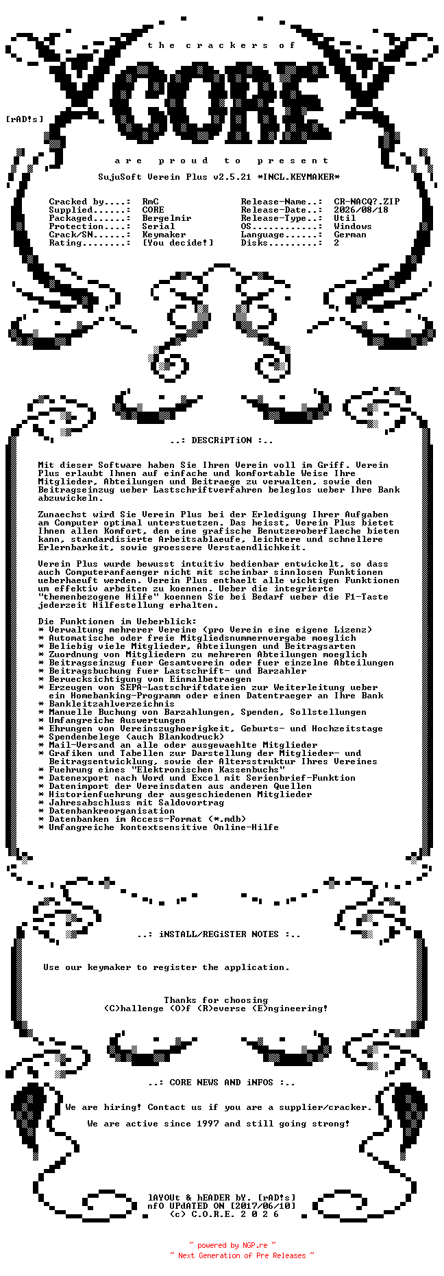 NFO for the release SujuSoft.Verein.Plus.v2.5.21.German.Incl.Keymaker-CORE by CORE