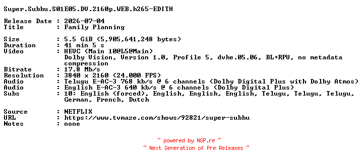 NFO for the release Super.Subbu.S01E05.DV.2160p.WEB.h265-EDITH by EDITH