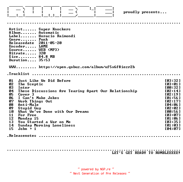 NFO for the release Super_Knockers-Automatic-(WEB)-2011-RUMBLE by RUMBLE