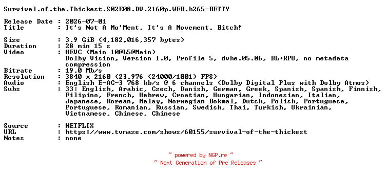 NFO for the release Survival.of.the.Thickest.S02E08.DV.2160p.WEB.h265-BETTY by BETTY