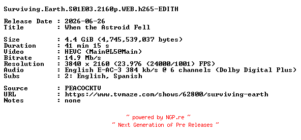 NFO for the release Surviving.Earth.S01E03.2160p.WEB.h265-EDITH by EDITH