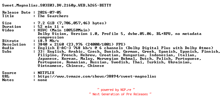 NFO for the release Sweet.Magnolias.S03E03.DV.2160p.WEB.h265-BETTY by BETTY