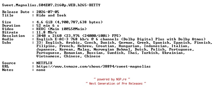 NFO for the release Sweet.Magnolias.S04E07.2160p.WEB.h265-BETTY by BETTY