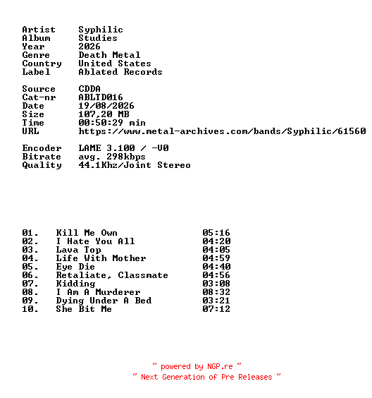 NFO for the release Syphilic-Studies-CD-2026-DiTCH by DiTCH