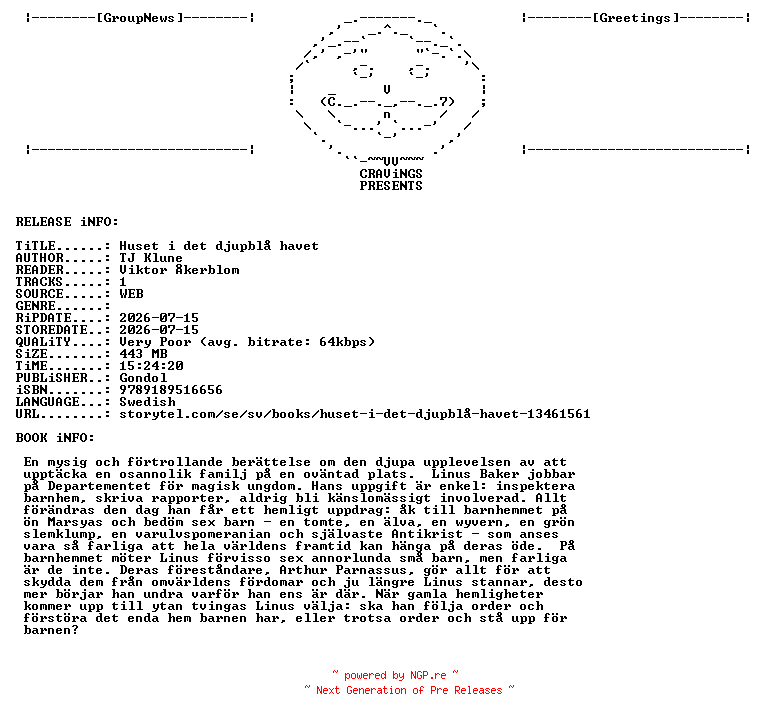 NFO for the release TJ_Klune_-_Huset_I_Det_Djupblaa_Havet-AUDiOBOOK-WEB-SE-2026-CRAViNGS_iNT by CRAViNGS_iNT