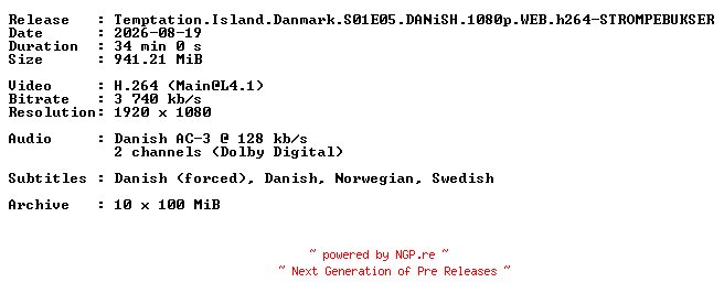 NFO for the release Temptation.Island.Danmark.S01E05.DANiSH.1080p.WEB.h264-STROMPEBUKSER by STROMPEBUKSER