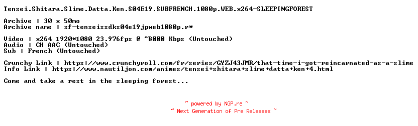NFO for the release Tensei.Shitara.Slime.Datta.Ken.S04E19.SUBFRENCH.1080p.WEB.x264-SLEEPINGFOREST by SLEEPINGFOREST