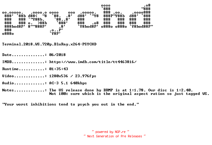 NFO for the release Terminal.2018.WS.720p.BluRay.x264-PSYCHD by PSYCHD