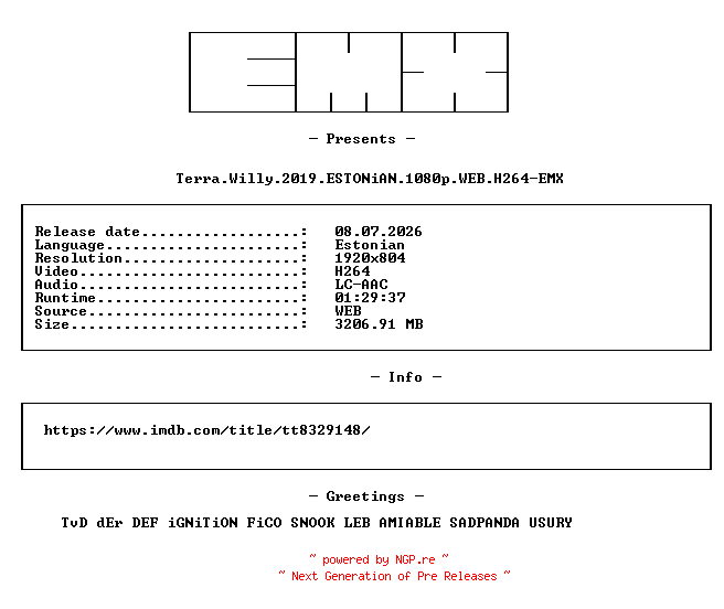 NFO for the release Terra.Willy.2019.ESTONiAN.1080p.WEB.H264-EMX by EMX