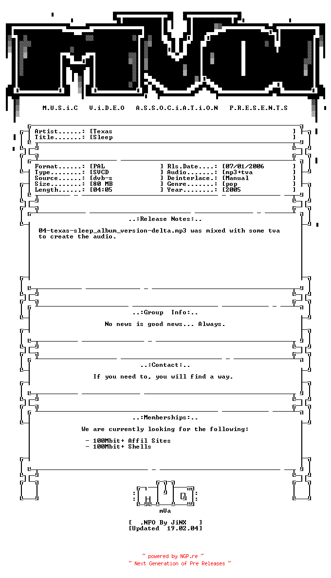 NFO for the release Texas-sleep-svcd-2005-mVa by mVa