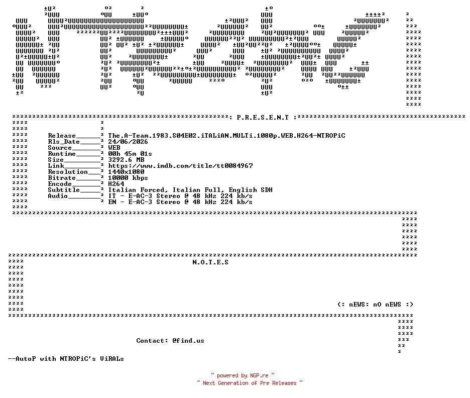 NFO for the release The.A-Team.1983.S04E02.iTALiAN.MULTi.1080p.WEB.H264-NTROPiC by NTROPiC