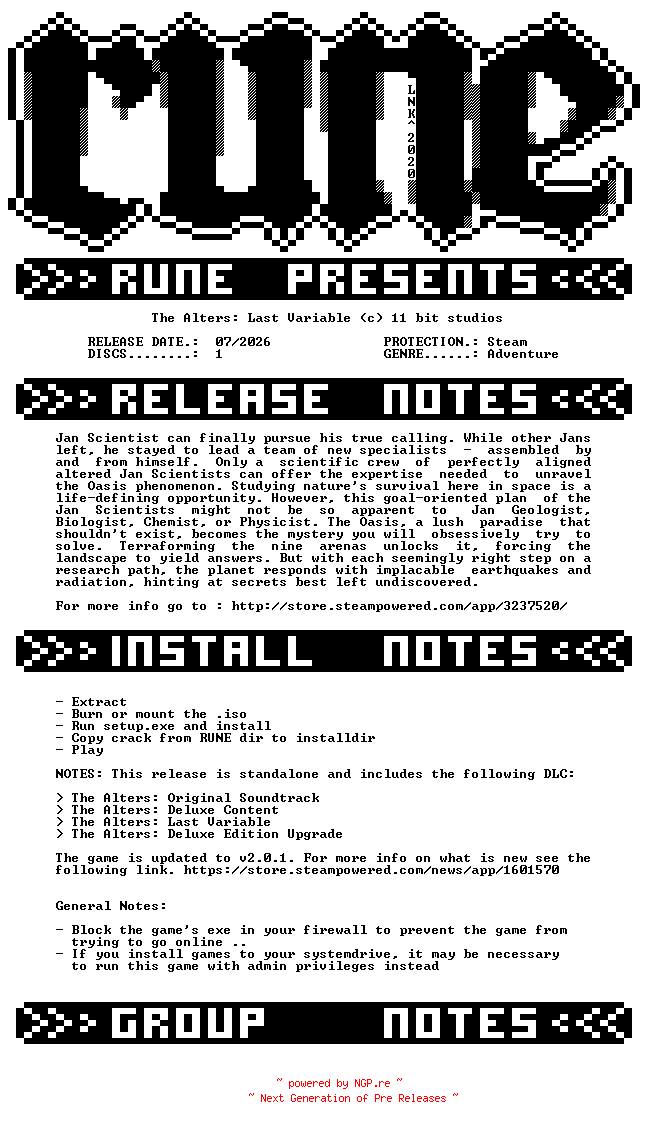 NFO for the release The.Alters.Last.Variable-RUNE by RUNE