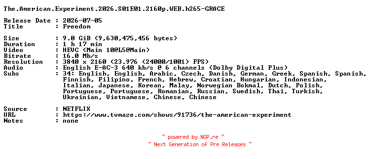 NFO for the release The.American.Experiment.2026.S01E01.2160p.WEB.h265-GRACE by GRACE