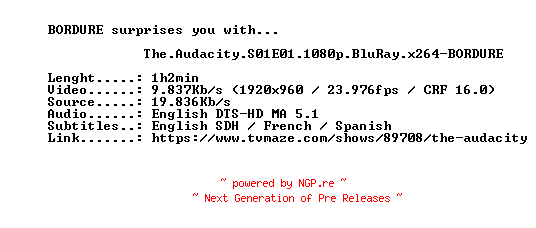 NFO for the release The.Audacity.S01E01.1080p.BluRay.x264-BORDURE by BORDURE