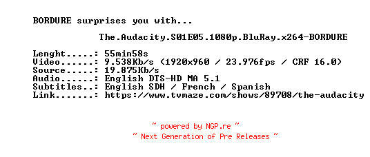 NFO for the release The.Audacity.S01E05.1080p.BluRay.x264-BORDURE by BORDURE
