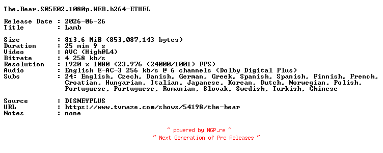 NFO for the release The.Bear.S05E02.1080p.WEB.h264-ETHEL by ETHEL