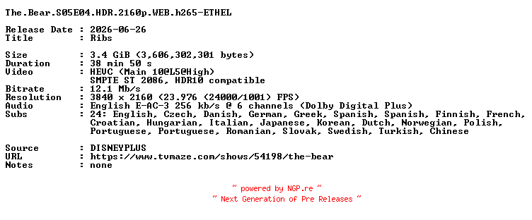 NFO for the release The.Bear.S05E04.HDR.2160p.WEB.h265-ETHEL by ETHEL