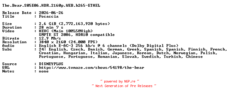 NFO for the release The.Bear.S05E06.HDR.2160p.WEB.h265-ETHEL by ETHEL