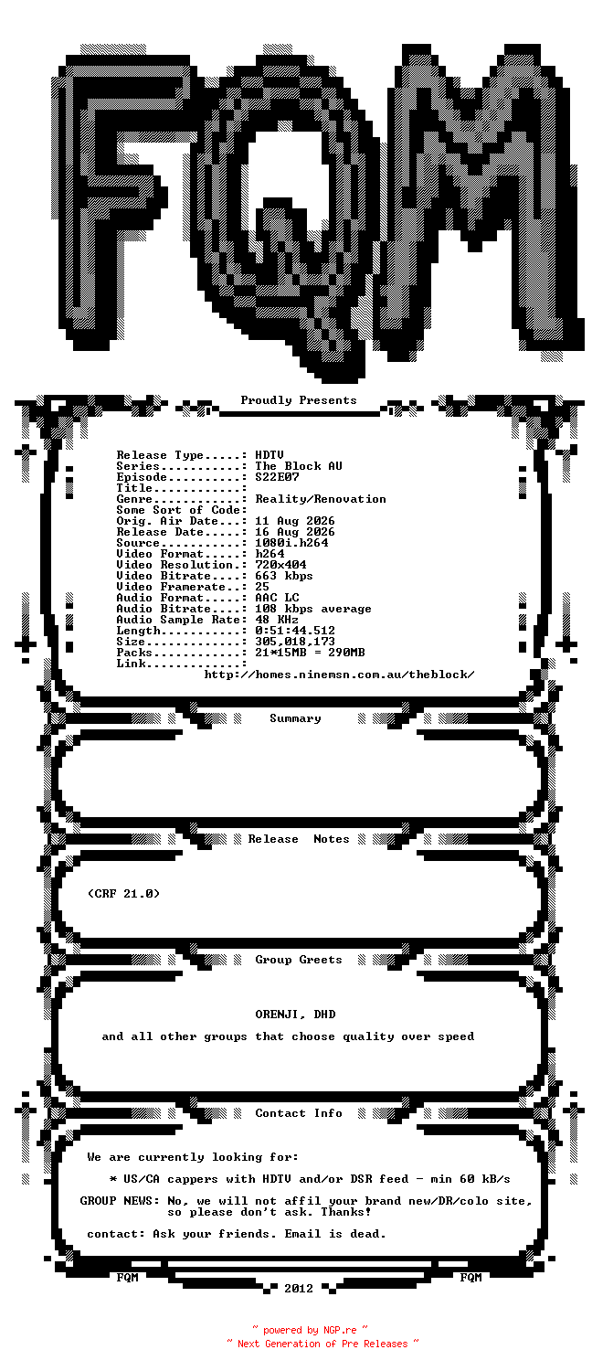NFO for the release The.Block.AU.S22E07.HDTV.x264-FQM by FQM