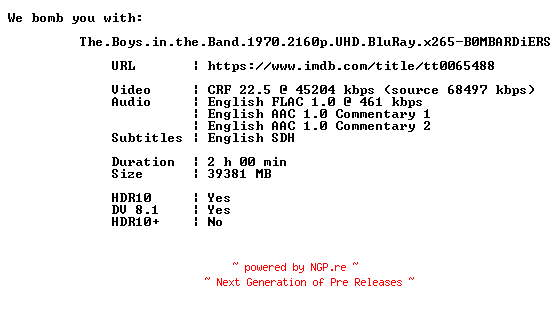NFO for the release The.Boys.in.the.Band.1970.2160p.UHD.BluRay.x265-B0MBARDiERS by B0MBARDiERS