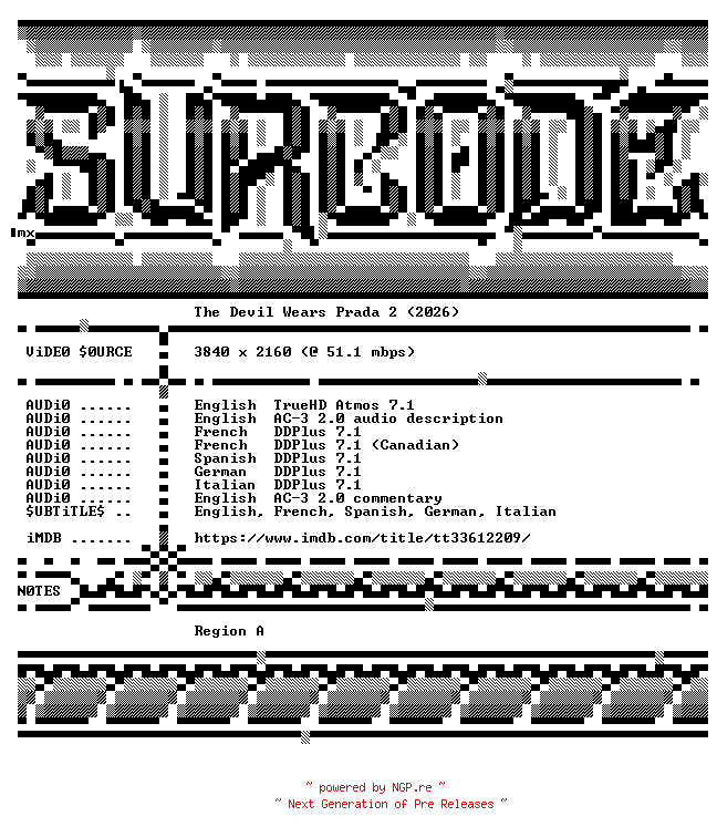 NFO for the release The.Devil.Wears.Prada.2.2026.COMPLETE.UHD.BLURAY-SURCODE by SURCODE