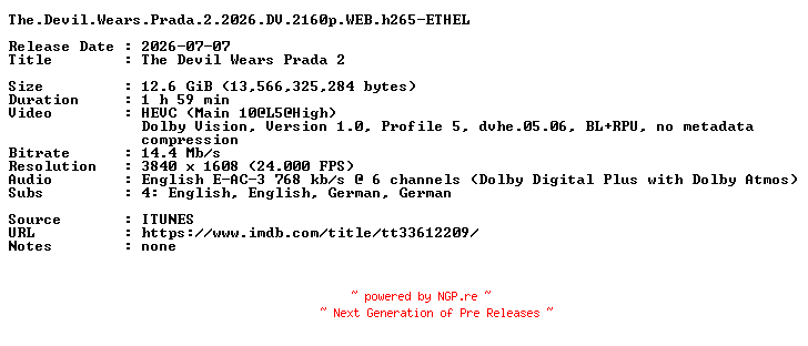 NFO for the release The.Devil.Wears.Prada.2.2026.DV.2160p.WEB.h265-ETHEL by ETHEL