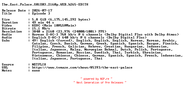 NFO for the release The.East.Palace.S01E03.2160p.WEB.h265-EDITH by EDITH