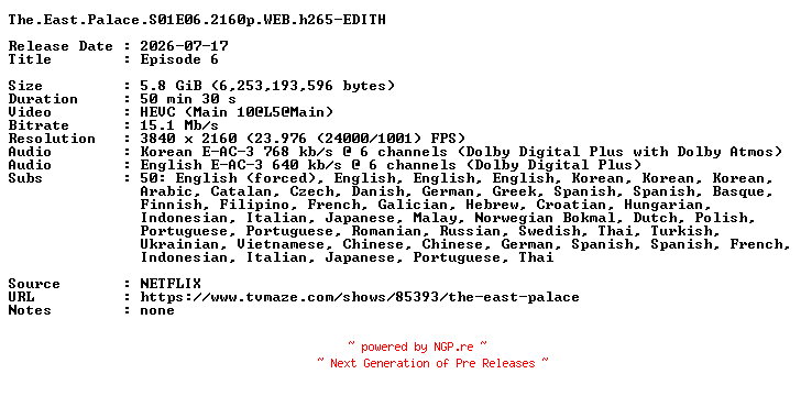 NFO for the release The.East.Palace.S01E06.2160p.WEB.h265-EDITH by EDITH
