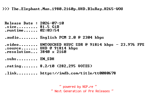 NFO for the release The.Elephant.Man.1980.2160p.UHD.BluRay.H265-WOU by WOU