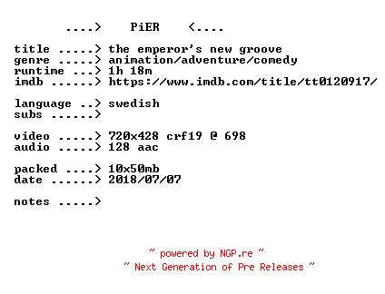 NFO for the release The.Emperors.New.Groove.2000.iNTERNAL.SWEDiSH.BDRip.x264-PiER by PiER