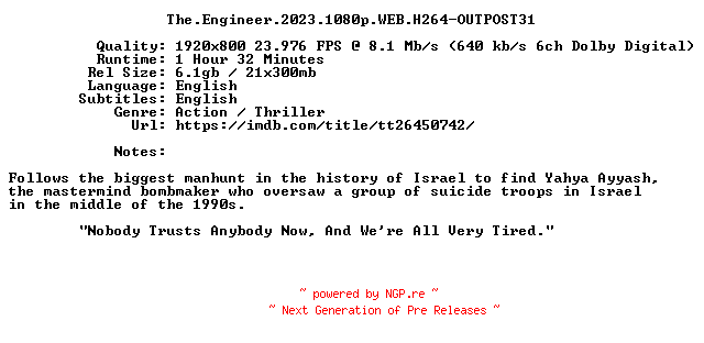 NFO for the release The.Engineer.2023.1080p.WEB.H264-OUTPOST31 by OUTPOST31