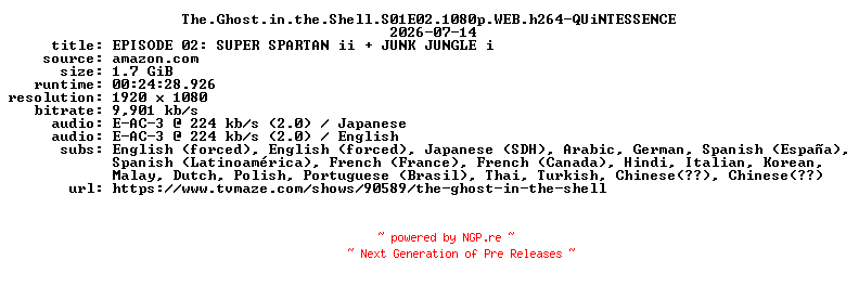 NFO for the release The.Ghost.in.the.Shell.S01E02.1080p.WEB.h264-QUiNTESSENCE by QUiNTESSENCE