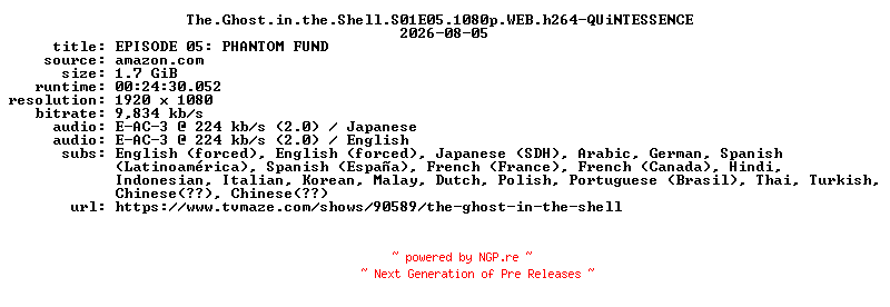 NFO for the release The.Ghost.in.the.Shell.S01E05.1080p.WEB.h264-QUiNTESSENCE by QUiNTESSENCE