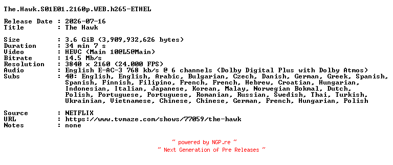 NFO for the release The.Hawk.S01E01.2160p.WEB.h265-ETHEL by ETHEL