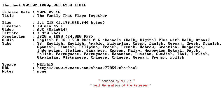 NFO for the release The.Hawk.S01E02.1080p.WEB.h264-ETHEL by ETHEL