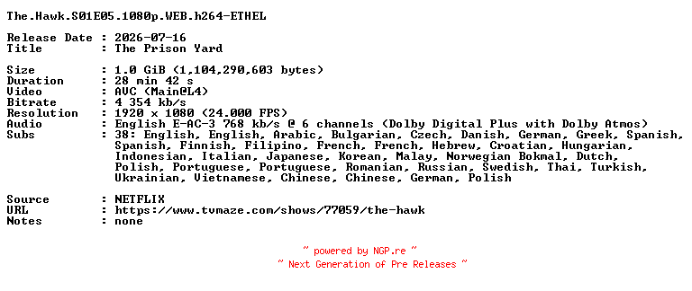 NFO for the release The.Hawk.S01E05.1080p.WEB.h264-ETHEL by ETHEL