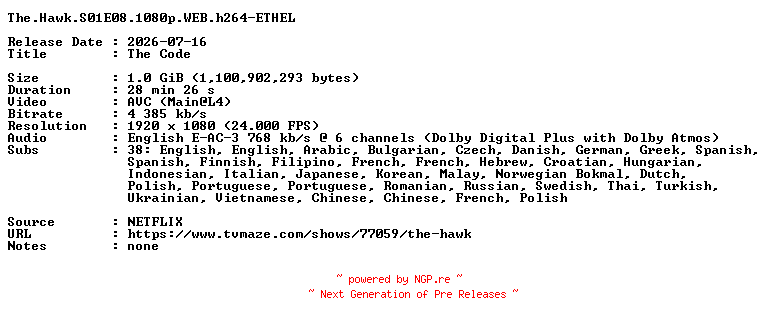 NFO for the release The.Hawk.S01E08.1080p.WEB.h264-ETHEL by ETHEL