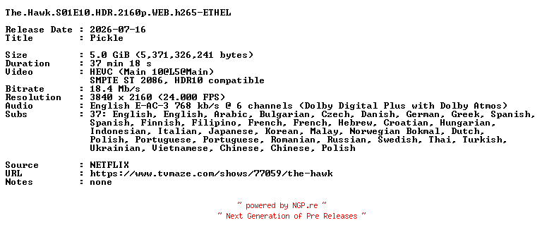 NFO for the release The.Hawk.S01E10.HDR.2160p.WEB.h265-ETHEL by ETHEL