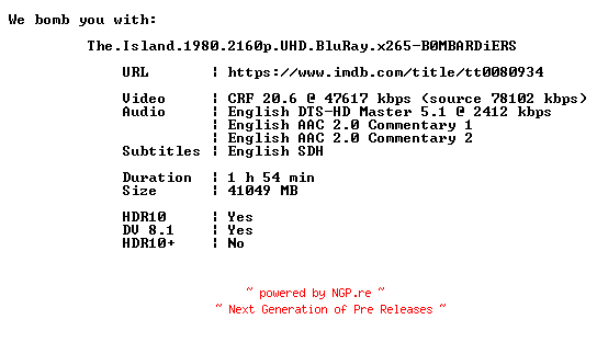 NFO for the release The.Island.1980.2160p.UHD.BluRay.x265-B0MBARDiERS by B0MBARDiERS