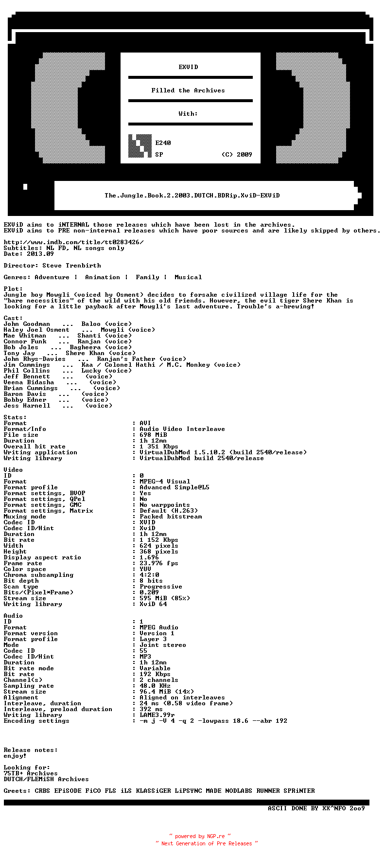 NFO for the release The.Jungle.Book.2.2003.DUTCH.BDRip.XviD-EXViD by EXViD