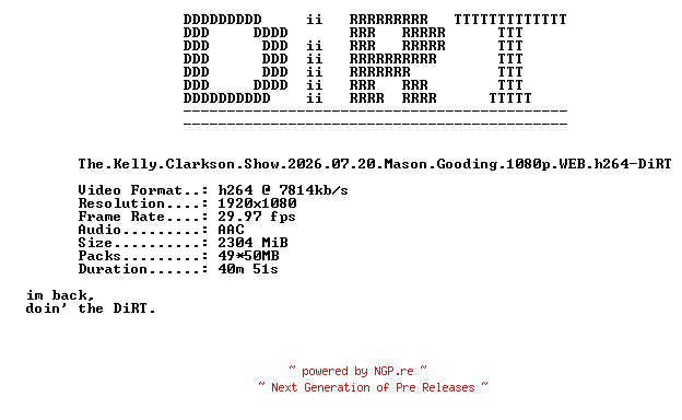 NFO for the release The.Kelly.Clarkson.Show.2026.07.20.Mason.Gooding.1080p.WEB.h264-DiRT by DiRT