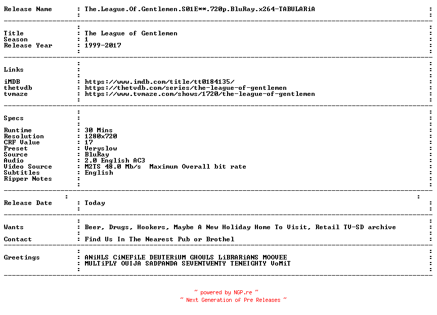 NFO for the release The.League.Of.Gentlemen.S01E05.720p.BluRay.x264-TABULARiA by TABULARiA