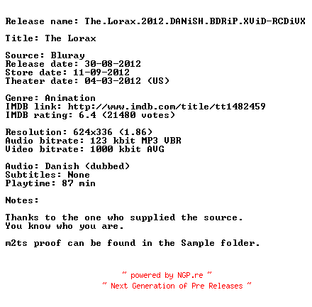 NFO for the release The.Lorax.2012.DANiSH.BDRiP.XViD-RCDiVX by RCDiVX