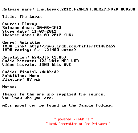 NFO for the release The.Lorax.2012.FiNNiSH.BDRiP.XViD-RCDiVX by RCDiVX