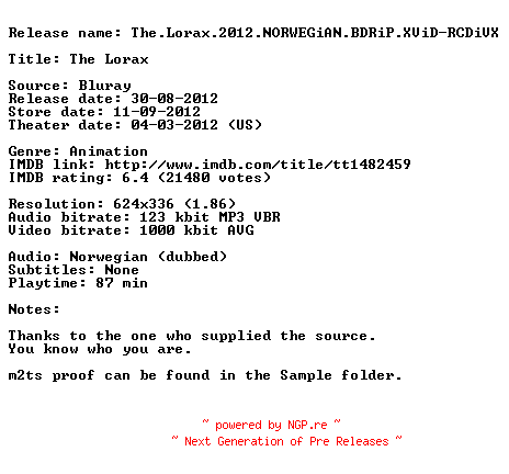 NFO for the release The.Lorax.2012.NORWEGiAN.BDRiP.XViD-RCDiVX by RCDiVX