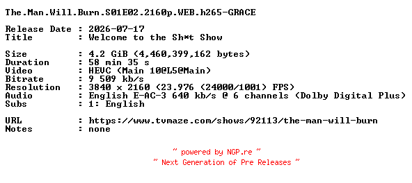 NFO for the release The.Man.Will.Burn.S01E02.2160p.WEB.h265-GRACE by GRACE