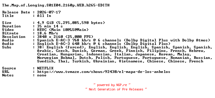 NFO for the release The.Map.of.Longing.S01E04.2160p.WEB.h265-EDITH by EDITH